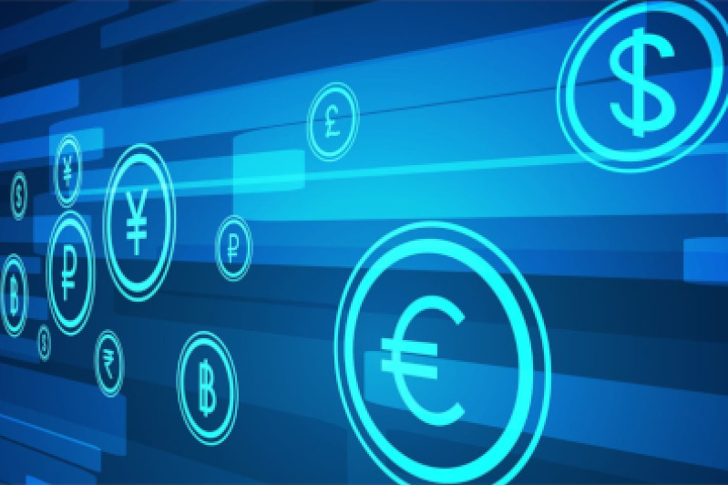 Several digital currencies logos displaying on a screen