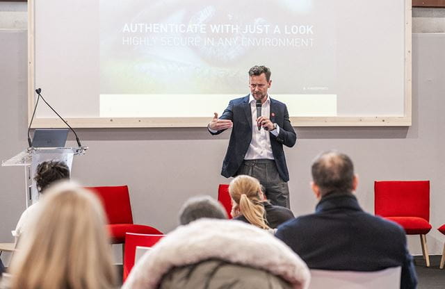 A speaker during his speaking slot at trustech 2023